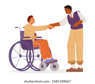 Man using wheelchair shaking hands with African American colleague flat vector illustration isolated on white. Inclusive workplace concept.