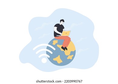 Man using wi-fi connection flat vector illustration. Free wi-fi hotspot, public access zone. Cyberspace, wireless connection concept for banner, website design or landing web page
