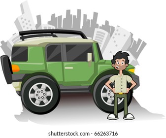 Man and utility vehicle with city on background