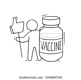 Man with vaccine and like symbol. Cartoon illustration vector, corona virus prevention. Vector medical concept - prevention of the virus.
