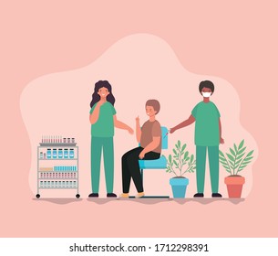 Man vaccionation and doctors with mask against 2019 ncov virus design of Covid 19 cov infection disease symptoms and medical theme Vector illustration