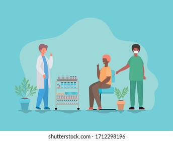 Man vaccionation and doctors with masks against 2019 ncov virus design of Covid 19 cov infection disease symptoms and medical theme Vector illustration