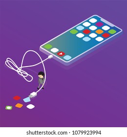 man vacumming app to smart phone app sync concept