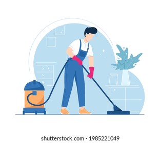 Man vacuum the carpet. Cleaning service concept. Vector isolated illustration.