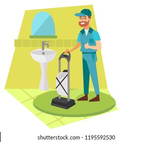 Man with vacuum cleaner in bathroom poster