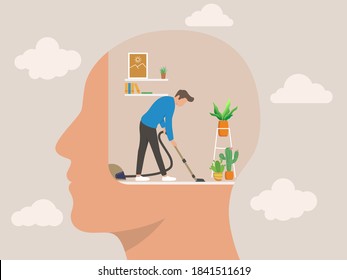 Man with vacuum cleaner cleaning room inside giant head. Concept of cleansing and purification of inner space, thought cleansing, self care, mental health. Flat cartoon vector illustration.