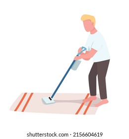 Man with vacuum cleaner semi flat color vector character. Standing figure. Full body person on white. Guy cleaning floor at home simple cartoon style illustration for web graphic design and animation