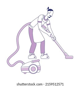 Hombre con carácter vector de color semiplano de aspiradora. Figura permanente. Persona de cuerpo entero sobre blanco. Suelo de limpieza del hogar simple ilustración de estilo de dibujos animados para diseño gráfico web y animación