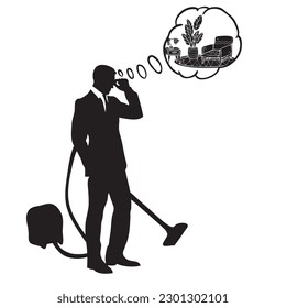 A man with a vacuum cleaner thinks about cleaning his room.
