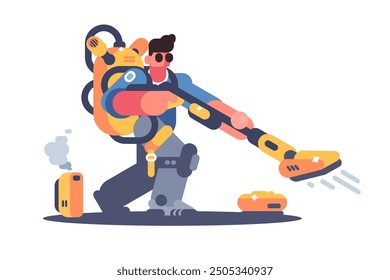 Man with Vacuum Cleaner. Vector illustration of futuristic cleaning equipment with robotic enhancements.
