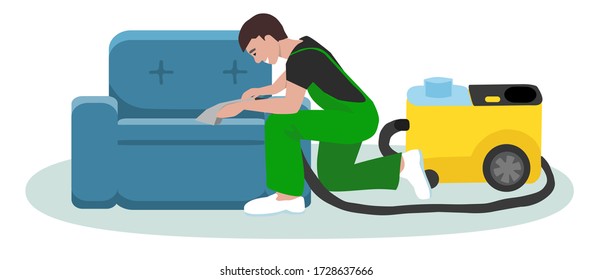 A Man With A Vacuum Extractor For Dry Cleaning Upholstered Furniture Cleans A Chair. The Cleaner Washes The Upholstery. Member Of A Professional Maid Business. Colorful Vector Cartoon Illustration.