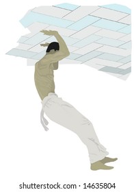 man with vacuum hands hanging on ceiling