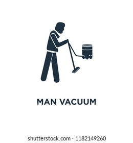 Man Vacuum icon. Black filled vector illustration. Man Vacuum symbol on white background. Can be used in web and mobile.