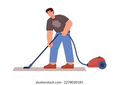 Man vacuuming carpet or floor, flat vector illustration isolated on white background. Male character using vacuum cleaner and doing household chores.