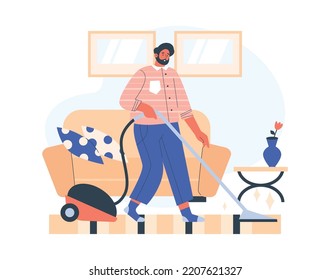 Man vacuuming carpet in living room, flat vector illustration isolated on white background. Male character cleaning floor with vacuum cleaner. Household chores concept.