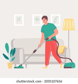 Man vacuuming floor. Clean house. House cleaning. Cartoon vector flat illustration