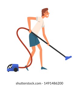 Man Vacuuming the Floor, Guy Doing Housework Vector Illustration
