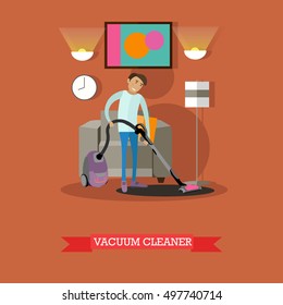 Man vacuuming floor in his room. Cleaning service concept vector illustration. Guy cleaning home living room.