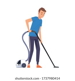 Man Vacuuming The Floor, Household Activity, Housekeeping, Everyday Duties And Chores Cartoon Vector Illustration