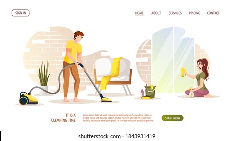 Man vacuuming floor and woman washing windows. Housework, cleaning home, tidy, sweep-up concept. Vector illustration for poster, banner, advertising.