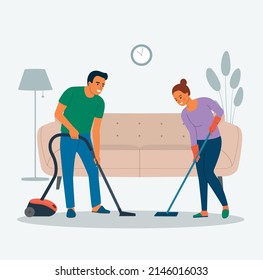 Man vacuuming the floor and Young woman with mop in the living room. Vector flat style illustration