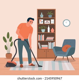 Man vacuuming the flooring the living room. Vector flat style illustration