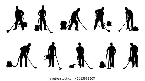 Man vacuuming silhouette vector illustration set