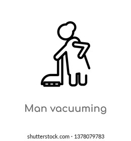 man vacuuming vector line icon. Simple element illustration. man vacuuming outline icon from people concept. Can be used for web and mobile