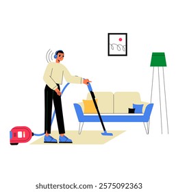 Man Vacuuming While Listening To Podcast In Flat Vector Illustration Symbolizing Household Chores, Media Engagement, And Relaxation, Isolated On White Background.