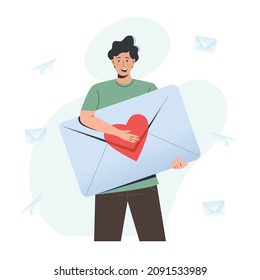 Man with the valentine envelope. A love letter. Valentines Day concept