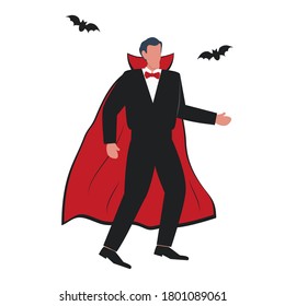 Man in a vampire costume. Halloween. There are also bats in the picture. Vector illustration