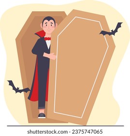 Man in vampire costume standing near coffin. Flat vector illustration. Halloween concept.