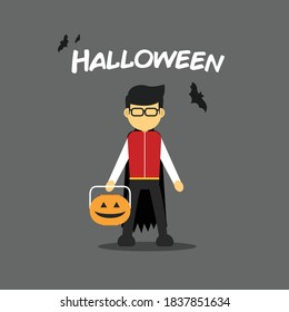 Man with vampire costume vector hold jack o lantern bucket vector isolated in gray background