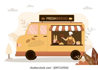 Man in van sells baked goods. Food truck with seller. Bakery with assortments of different types of bread. Small business concept. Truck with fresh french baguettes and loaves. Vector illustration