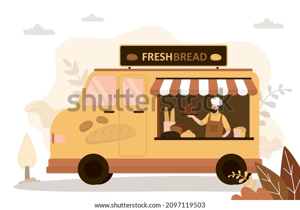 Man in van sells baked goods. Food truck\
with seller. Bakery with assortments of different types of bread.\
Small business concept. Truck with fresh french baguettes and\
loaves. Vector\
illustration