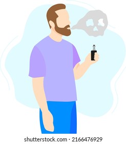 The man vapes and blows out the skull. Flat vector illustration. Isolated on a white background