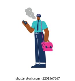 Man vaping or smoking with vapour device. Non tobacco vape nicotine and flavoring device usage, flat cartoon vector illustration isolated on white background.
