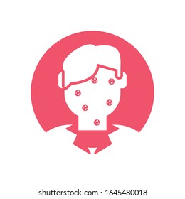 man with varicella over pink circle and white background, block style icon, vector illustration