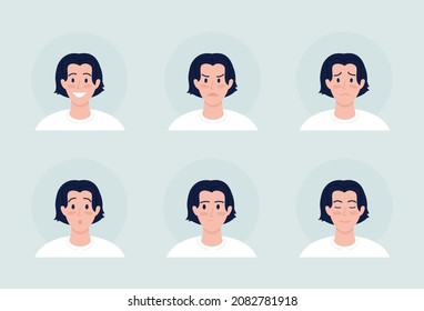 Hombre con varias emociones de color semiplano vectorial conjunto de avatares. Estilo casual. Retrato desde la vista frontal. Ilustración de estilo de dibujos animados modernos aislados para el diseño gráfico y el paquete de animación