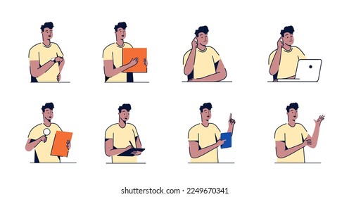 man various expression at the office cartoon and line art. Colorful vector illustration