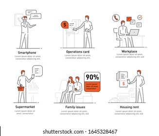 Man various life issues and affairs. Family, relationships, convenience, work, home. Infographics, line advertising banner video Eps10 file