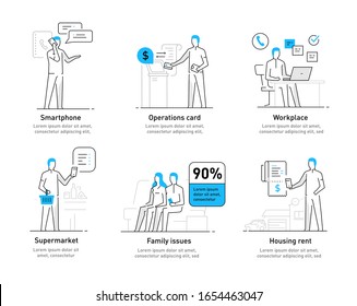 Man various life issues and affairs. Family, relationships, convenience, work, home. Infographics, line advertising banner video Eps10 file