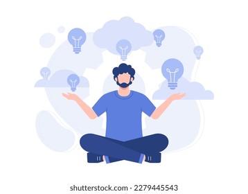 A man with various light bulbs of ideas. Modern vector flat illustration