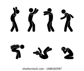 Man in various poses and gestures icon set. Stick figure pictogram human silhouette waving hands. Emotion, anger and hysteria. 