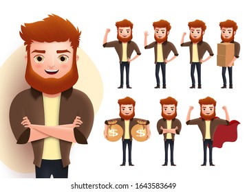 Man vector character set. Male characters standing poses with strong masculine body working holding box and carrying dollar sack element isolated in white background Vector illustration.  