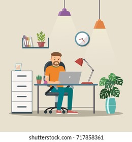 Man vector character working in the  office or home.  Freelance work. Workspace vector illustration.