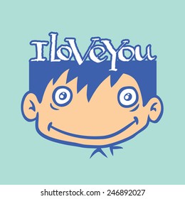 man vector funny face. i love you text in his hair