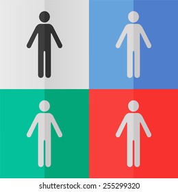 Man vector icon. Effect of folded paper. Colored (red, blue, green) illustrations. Flat design