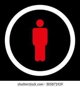 Man vector icon. This rounded flat symbol is drawn with red and white colors on a black background.