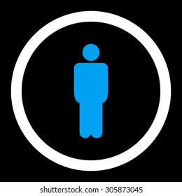Man vector icon. This rounded flat symbol is drawn with blue and white colors on a black background.